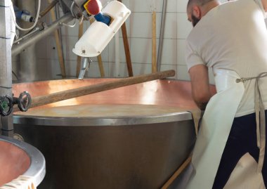 Parma, Reggio-Emilia, İtalya 'daki küçük peynir çiftliğinde parmesanlı parmesan peynirin inek sütü tekerleklerinden yapılan geleneksel işlem.