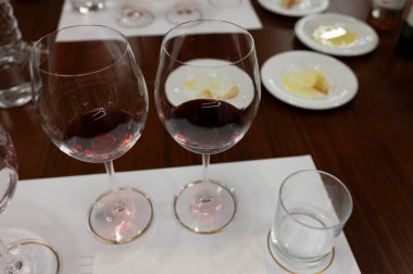 Kırmızı Brunello di Montalcino şarabı ve Montalcino Toskana, İtalya yakınlarındaki kantinde zeytinyağı tatma turu.