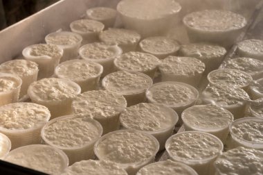 İtalya 'nın Parma kentindeki küçük peynir çiftliğinde sabahın erken saatlerinde taze, yumuşak ricotta peyniri yapma süreci.