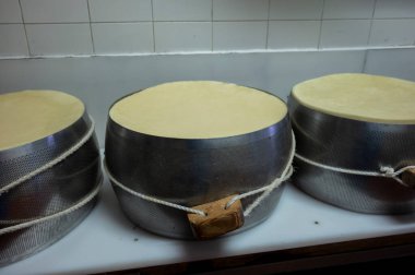 Parma, Reggio-Emilia, İtalya 'daki küçük peynir çiftliğinde parmesanlı parmesan peynirin inek sütü tekerleklerinden yapılan geleneksel işlem.