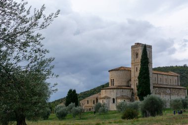 Abbazia Sant 'Antimo, Montalcino, Toskana, İtalya yakınlarındaki tepelerde yürüyorum. Selvi ağaçları, üzüm bağları, ormanlar ve bulutlu sonbaharda zeytin ağaçları olan Toskana manzarası.