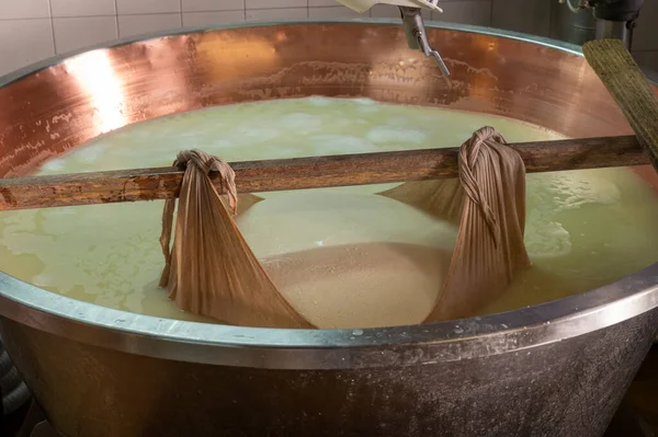 Parma, Reggio-Emilia, İtalya 'daki küçük peynir çiftliğinde parmesanlı parmesan peynirin inek sütü tekerleklerinden yapılan geleneksel işlem.