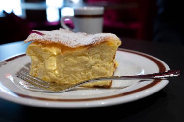 Avusturya 'nın Viyana kentindeki geleneksel kafede bir fincan sade kahveyle servis edilen beyaz peynirli turtayla dolu Avusturya tatlısı.