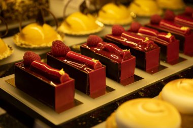 Viyana 'daki geleneksel fırın kafede Avusturya tatlıları, farklı türde çikolatalı ve meyveli kekler.