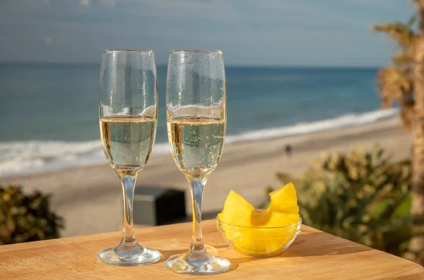 Outdoor Breakfast Sunny Day Spanish Cava Sparkling Wine Pineapple View — Stock Photo, Image
