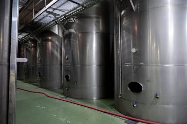 Geleneksel şarap dükkanlarında şarap yapmak çelik tanklarda ve La Palma volkanik adasının güney kısmında eski ahşap fıçılar, Kanarya adaları, İspanya