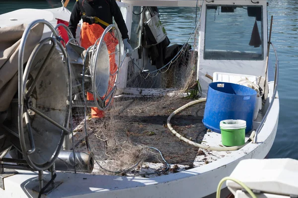 Vente Matinale Prises Jour Bateau Pêcheur Avec Filet Près Marché — Photo