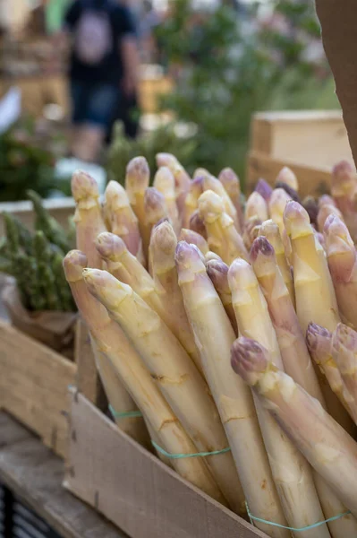 Nisan, Cassis, Fransa 'da Fransız Provencal çiftçi pazarında satılık taze çiğ beyaz kuşkonmaz sebzeleri.
