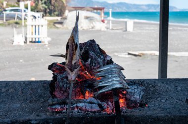 Malaga usulü taze balık hazırlama, günün avı, şişler ve şöminede zeytin ağaçları, Endülüs, İspanya sahillerinde odun ateşiyle
