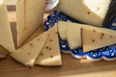 İspanyol sert manchegosu, inek, koyun ve keçi peyniri açık havada, mavi Endülüs stili tahtasında güneş ışığında membrillo reçeli servis edilir.