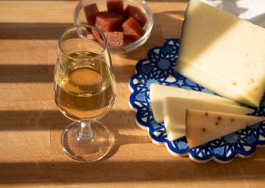 İspanyol sert manchegosu, inek, koyun ve keçi peyniri açık havada membrillo reçeli ve bir bardak şeri şarabı ile servis edilir. Mavi Endülüs stil panosunda. Kapatın.