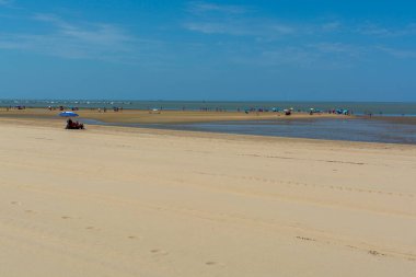 Sanlucar de Barrameda yakınlarındaki altın kumlu plajlar, küçük Endülüs kasabası, İspanya yazın