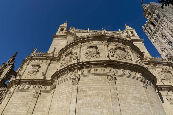 stock image Old historical Andalusian town Seville, Spain. View on architectural details of Gothic cathedral church in summer