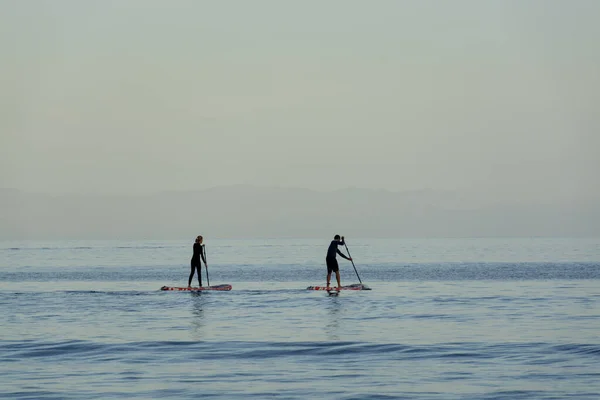 Silhouettes People Paddle Surf Boards Antlantic Ocean Tenerife Island Blue — Foto de Stock