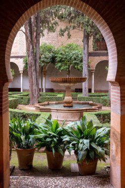 Old walls, gardens and buidings of medieval fortress Alhambra, Granada, Andalusia, Spain