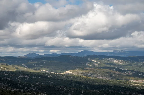 La Ciotat 'tan Cassis' e giden turistik rota D141, kumlu kireçtaşı uçurumları ve yeşil çam ormanları panoramik manzara, Fransa 'nın Provence kentinde tatil