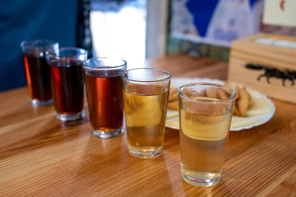 Tasting Different Sweet Wines Wooden Barrels Cheese Old Bodega Wine — Stock fotografie