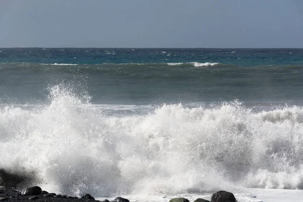 Waves Stormy Winter Day Black Sandy Beach Tazocorte Harbour Palma — Fotografia de Stock