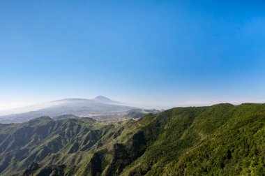 Anaga Ulusal Parkı 'nın yeşil dağlarının panoramik manzarası, Tenerife' nin kuzeyi, Kanarya Adaları, İspanya