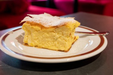 Avusturya 'nın Viyana şehrinde geleneksel kafede sıcak servis edilen beyaz peynirli turta ile dolu Avusturya tatlısı.