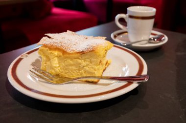 Avusturya 'nın Viyana kentindeki geleneksel kafede bir fincan sade kahveyle servis edilen beyaz peynirli turtayla dolu Avusturya tatlısı.