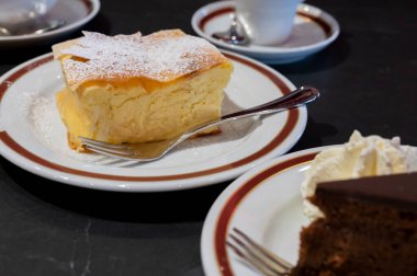 Avusturya 'nın Viyana şehrinde geleneksel kafede sıcak servis edilen beyaz peynirli turta ile dolu Avusturya tatlısı.