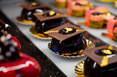 Viyana 'daki geleneksel fırın kafede Avusturya tatlıları, farklı türde çikolatalı ve meyveli kekler.