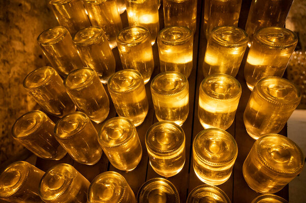 Sparkling white and rose wine production by traditional method in underground cellars in Vienna, Austria