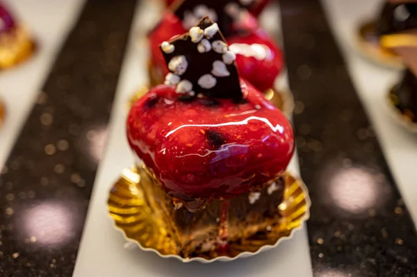 Austrian Desserts Different Types Chocolate Fruit Cakes Display Cafe Vienna — Foto de Stock