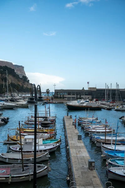 Sunny day in april in South of France, view on old fisherman\'s port with boats and colorful buildings in Cassis, Provence, France
