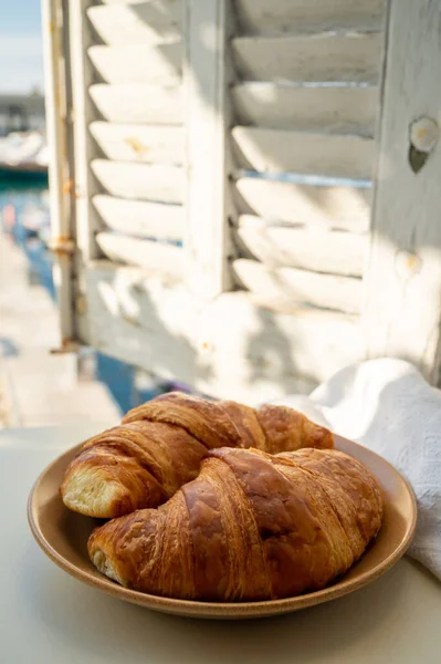 Summer Morning Provence Traditional Breakfast Fresh Baked Croissants View Fisherman — стоковое фото