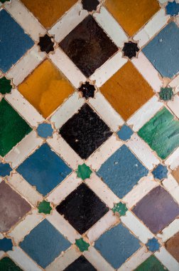 Ornamental medieval ceramic tiles of walls in Nasrid Palaces in the Alhambra palace Granada, Andalusia, Spain. Arabic ornament background wallpaper.
