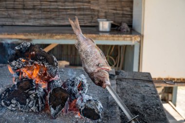 Malaga usulü taze balık hazırlama, günün avı, şişler ve şöminede zeytin ağaçları, Endülüs, İspanya sahillerinde odun ateşiyle