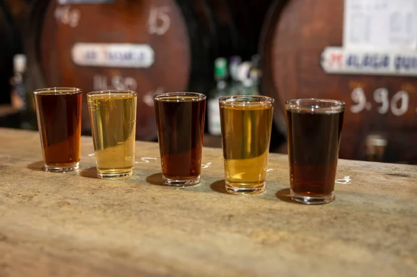 Tasting Different Sweet Wines Wooden Barrels Old Bodega Wine Bar — Fotografia de Stock