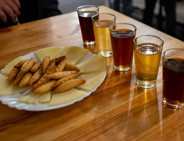 Tasting Different Sweet Wines Wooden Barrels Cheese Old Bodega Wine — Foto de Stock