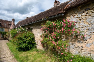 Turizm beldesi, en güzel Fransız köylerinden biri, Gerberoy - küçük tarihi köy, yarı keresteli evler ve renkli güller, Fransa