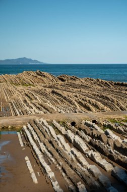 Zumaia 'nın Atlantik kıyısındaki alçak gelgitte, İspanya' nın Bask Bölgesi 'nde dik eğimli sinek jeolojik oluşumuna bakın.