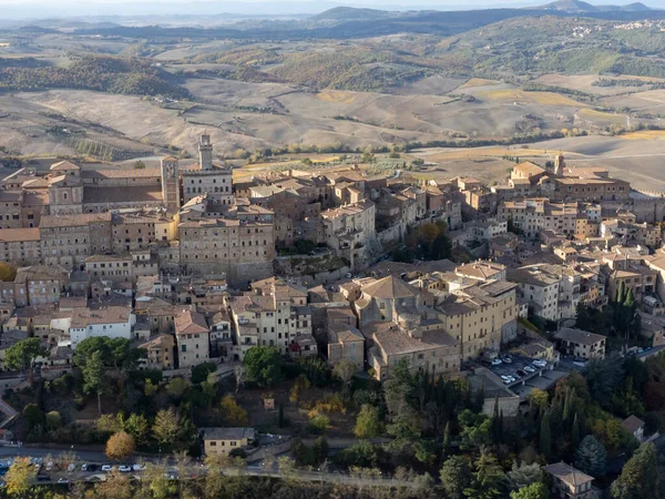 Vue Aérienne Sur Vieille Ville Montepulciano Les Collines Witn Vignobles — Photo