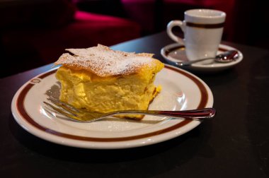 Avusturya 'nın Viyana kentindeki geleneksel kafede bir fincan sade kahveyle servis edilen beyaz peynirli turtayla dolu Avusturya tatlısı.