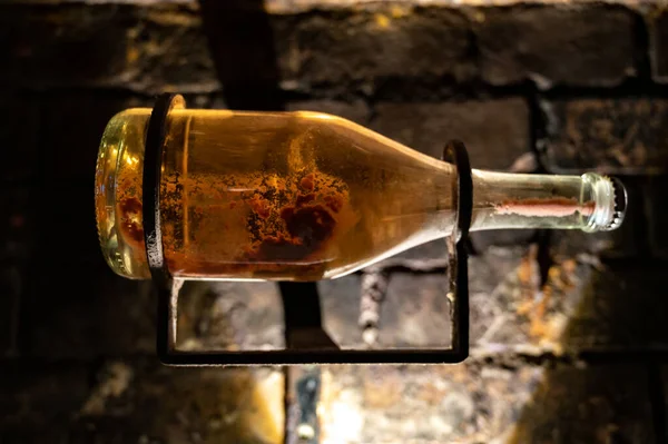 オーストリアのウィーンの地下室で伝統的な方法でスパークリング白とバラのワイン生産 瓶内の堆積物 — ストック写真