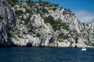 Cassis yakınlarındaki Calanque de Port Pin 'de manzara, Fransa' nın Provence kentindeki Calanques Ulusal Parkı 'na tekne gezisi