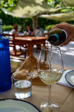 İspanyol Bask Ülkesi 'nde üretilen txakoli ya da chacol hafif köpüklü beyaz şarap tatma, Biscay Körfezi, Atlantik Okyanusu manzaralı açık havada servis edilir.