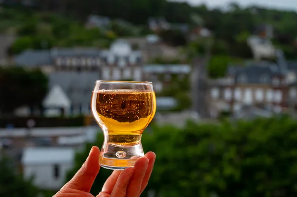 Hand holding one glass of apple cider drink and houses of Etretat village on background, Normandy, France