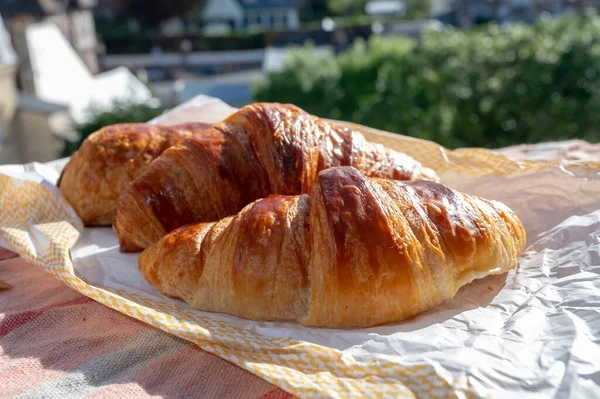 Twee Vers Gebakken Botercroissants Van Ambachtelijke Franse Bakkerij — Stockfoto