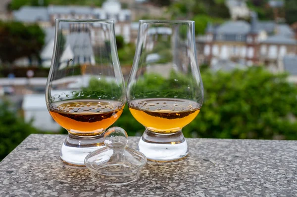 Two drams of scotch whiskey with view on old houses on background, Edinburgh whisky tasting tour, Scotland