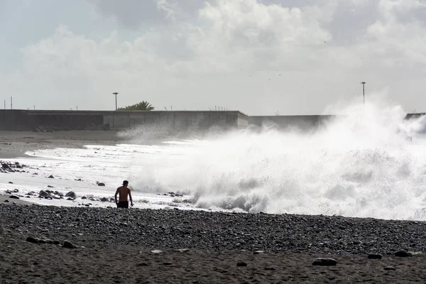 Waves Stormy Winter Day Black Sandy Beach Tazocorte Harbour Palma — Foto Stock