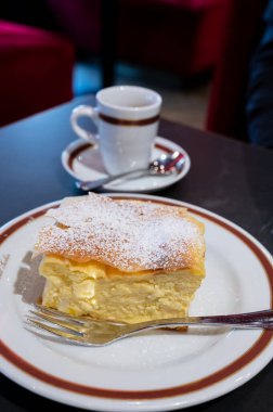 Avusturya 'nın Viyana kentindeki geleneksel kafede bir fincan sade kahveyle servis edilen beyaz peynirli turtayla dolu Avusturya tatlısı.