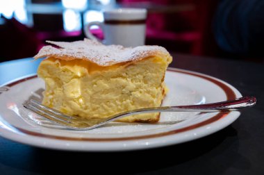 Avusturya 'nın Viyana kentindeki geleneksel kafede bir fincan sade kahveyle servis edilen beyaz peynirli turtayla dolu Avusturya tatlısı.