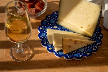 İspanyol sert manchegosu, inek, koyun ve keçi peyniri açık havada membrillo reçeli ve bir bardak şeri şarabı ile servis edilir. Mavi Endülüs stil panosunda. Kapatın.