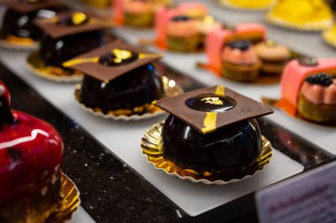 Viyana 'daki geleneksel fırın kafede Avusturya tatlıları, farklı türde çikolatalı ve meyveli kekler.